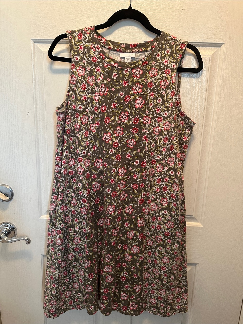 J. Jill Cotyon Blend Olive Green Sleeveless Midi Dress with Pink Floral Print M